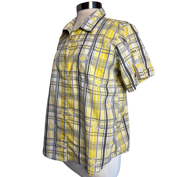 Adrian Delafield blouse L/XL Yellow gray plaid flowers short sleeve pocket colla - Picture 2 of 15
